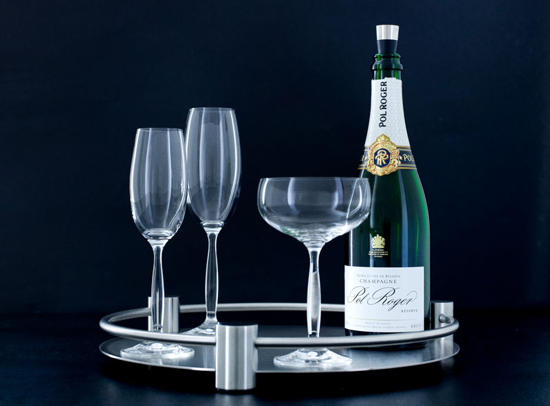Stålfad med champange og cocktail glas, designet af Erik Bagger